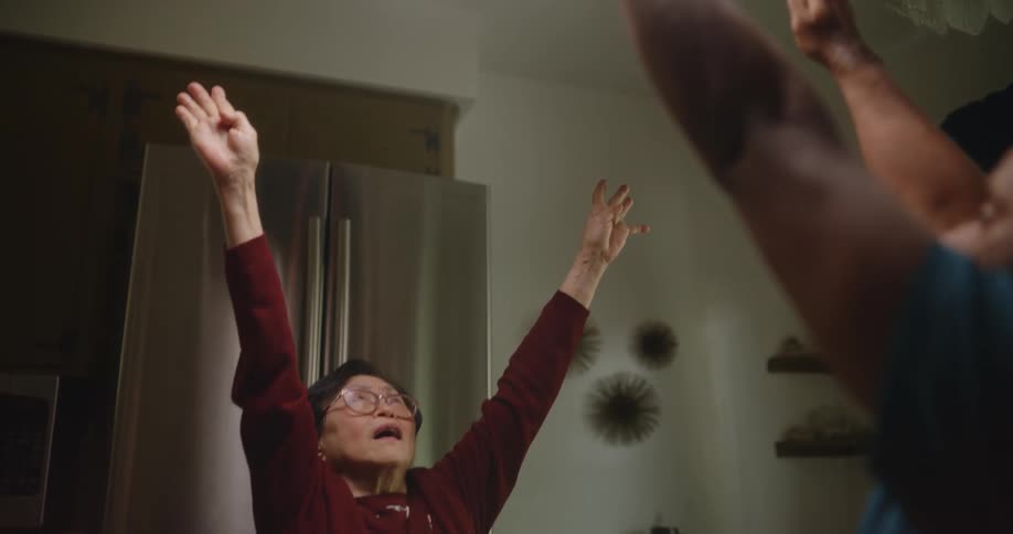Nurse facing an elderly lady raising her arms up along with her stretching