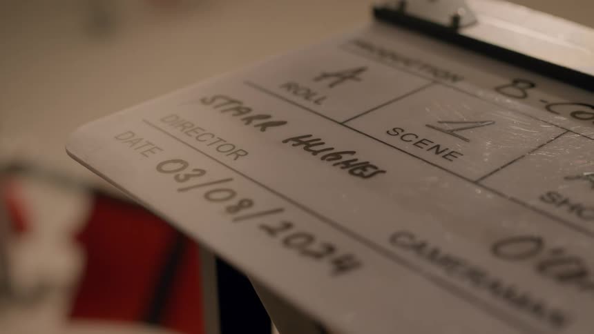 A view of a film slate with writing on it