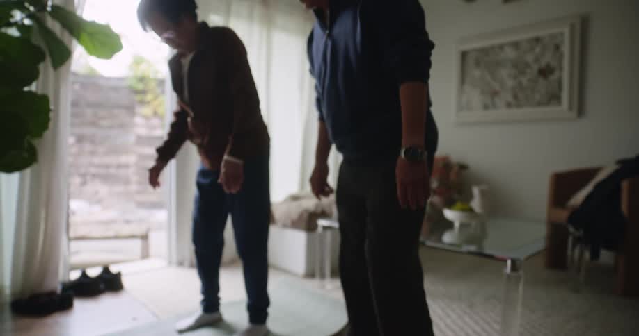 Elderly couple standing in living room performing stretching with their arms and legs