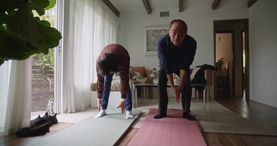 Two people are doing yoga at home