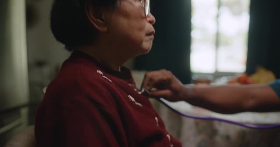 Nurse using a device to listen to the heartbeat of a woman who is sitting on a chair in the kitchen