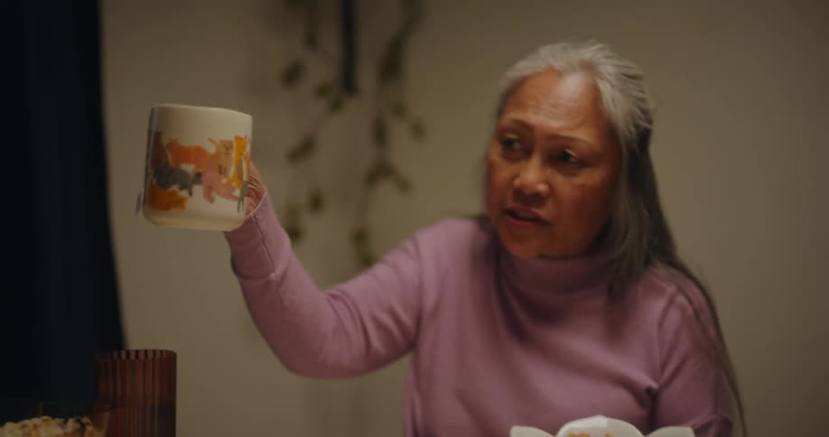 Elderly women sitting at a table with popcorn toasting a mug while smiling and talking