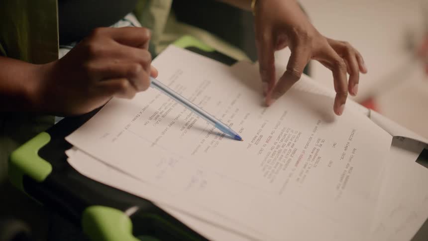 A person is writing on a document