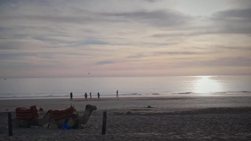 People kicking a ball near the beach as the sun goes down