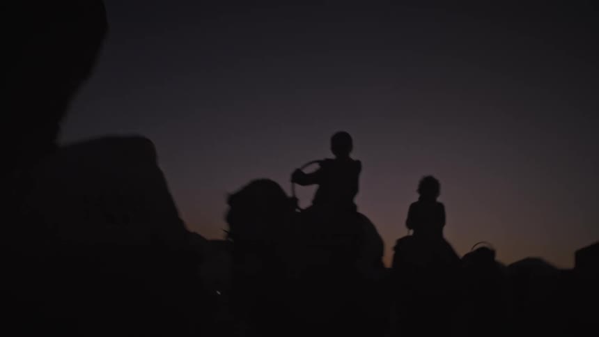 Silhouette of people riding camels through the desert on a purple sky morning day