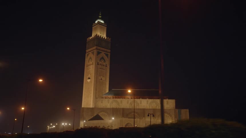 Exterior shot of the hassan ii mosque at night