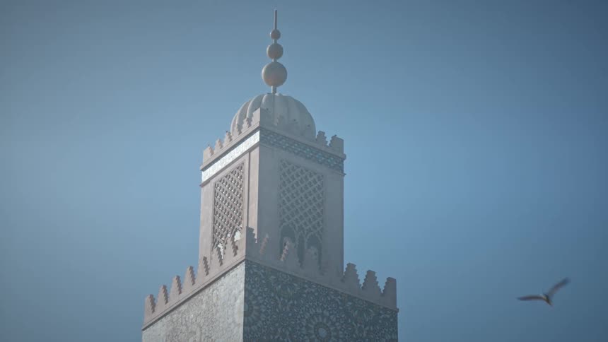 Tower with a dome in exterior and religious architecture on a cloudless blue sky day with a bird passing by