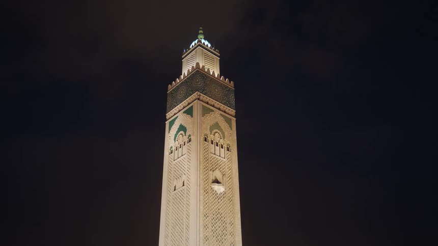 Tower of the hassan ii mosque at night