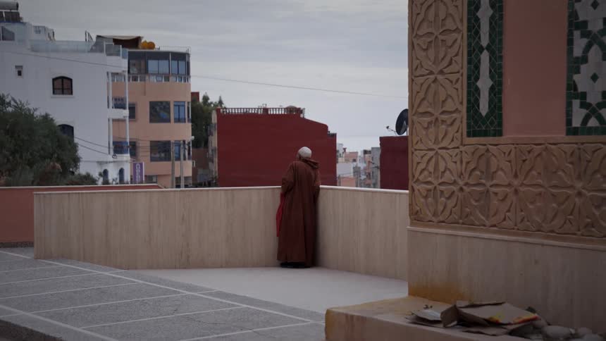 A man stops to look over the side of a wall