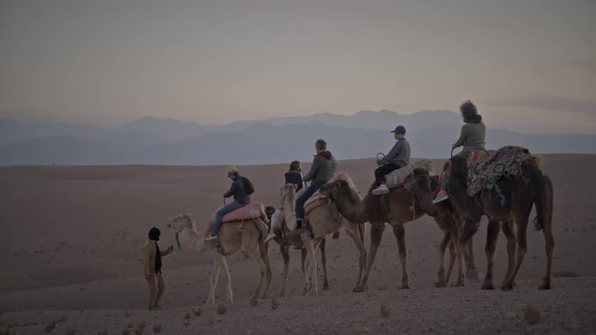 A clip of travelers on a camel