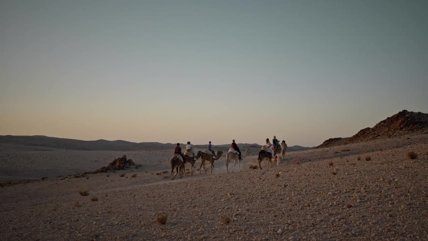 A group of people on camels moving riding slowly through the desert as the sun is setting