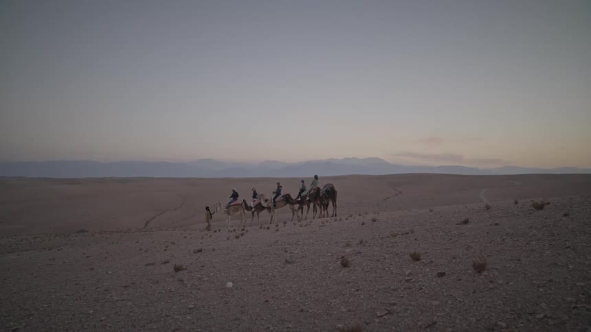 People riding camels crossing the desert