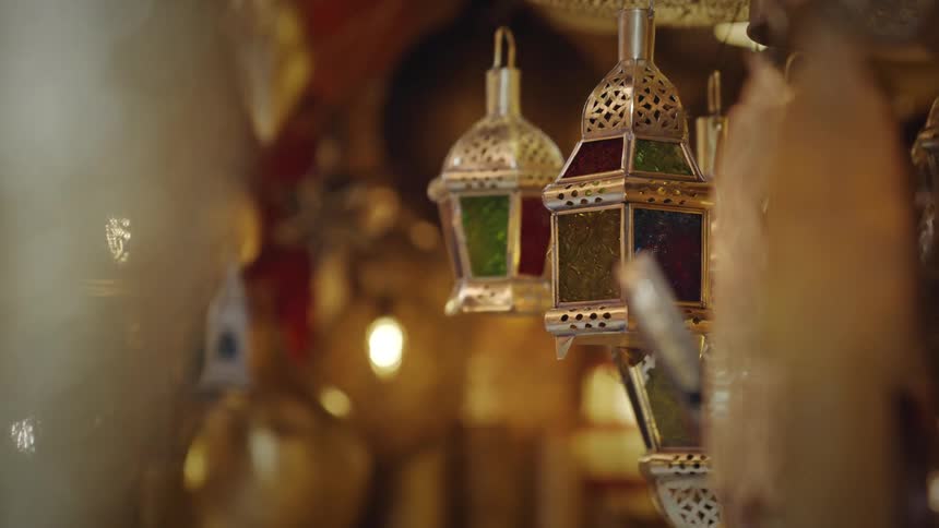 Interior of a craft shop with golden hanging decorations