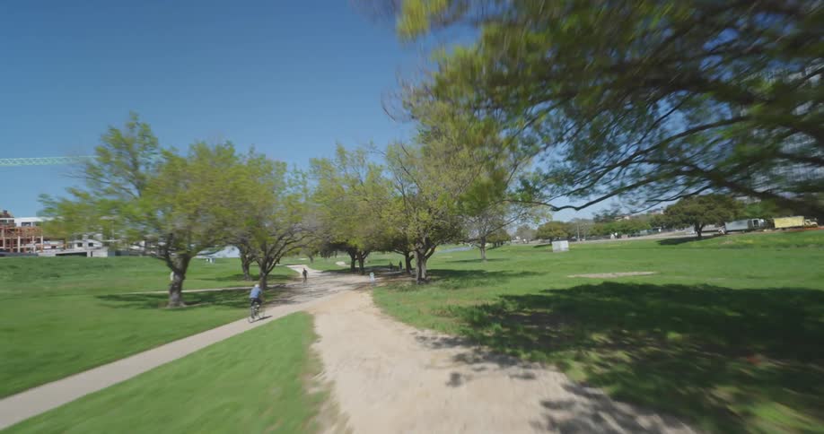 A skateboarder and people walking along trails in a park