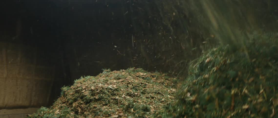 A pile of sawdust and wood chips falling into a container