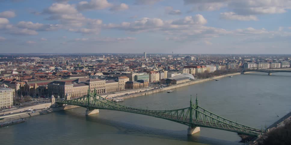 Traffic drives over Danube River via Liberty bridge in Budapest