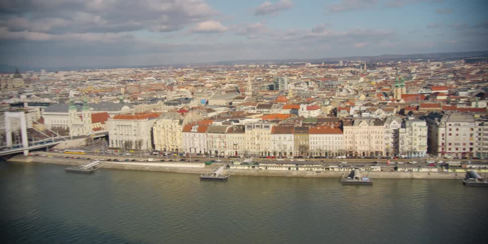 Traffic flows across the Elizabeth bridge and the riverside highway in Budapest