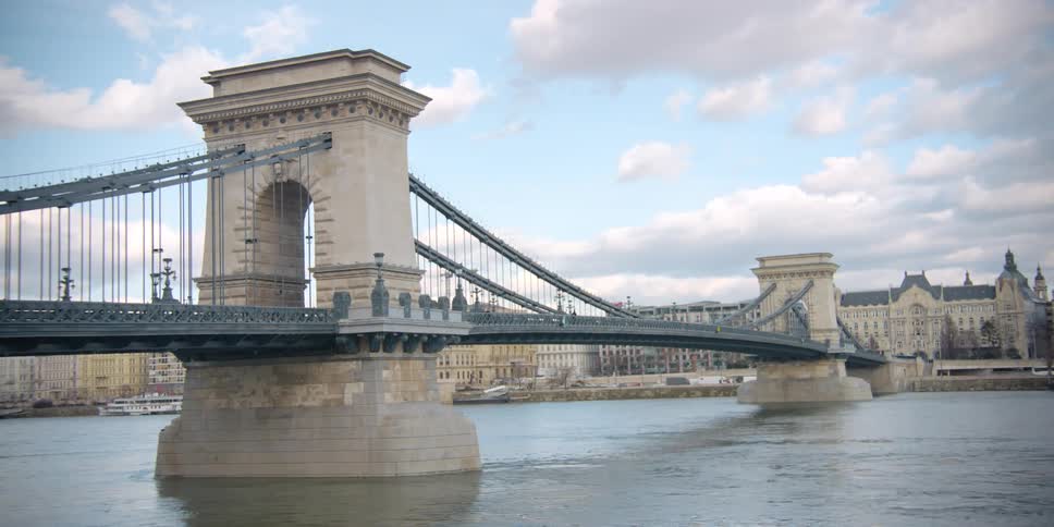 Szechenyi Chain bridge over Danube River leads to The Four Seasons Budapest Gresham Palace