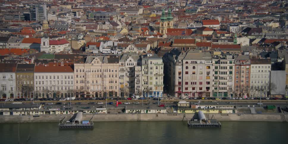 Aerial view of Budapest with the Danube River running through it