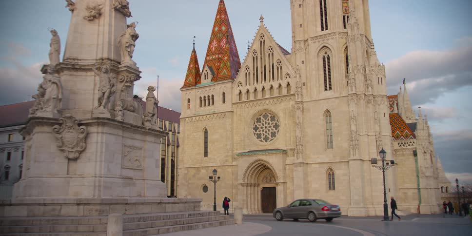 Matthias Church with Holy Trinity Statue in Holy Trinity Square of Budapest