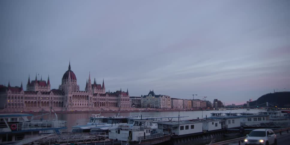 The Hungarian Parliament building across the Danube in Budapest at evening time