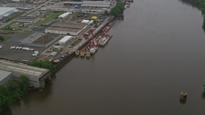 A river next to a port facility