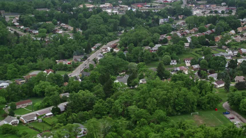 Aerial panorama of a residential neighborhood with vast vegetation of trees