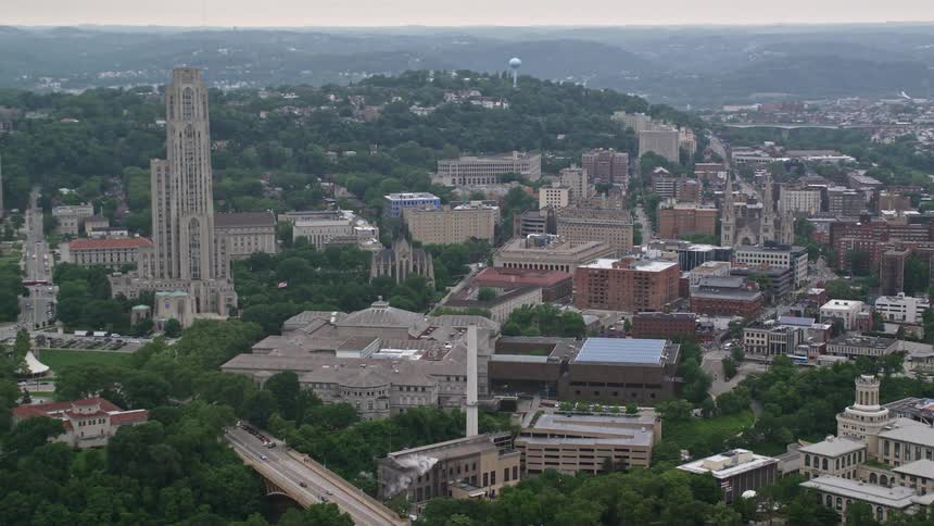 Aerial view showing the cathedral of learning at the university of pittsburgh