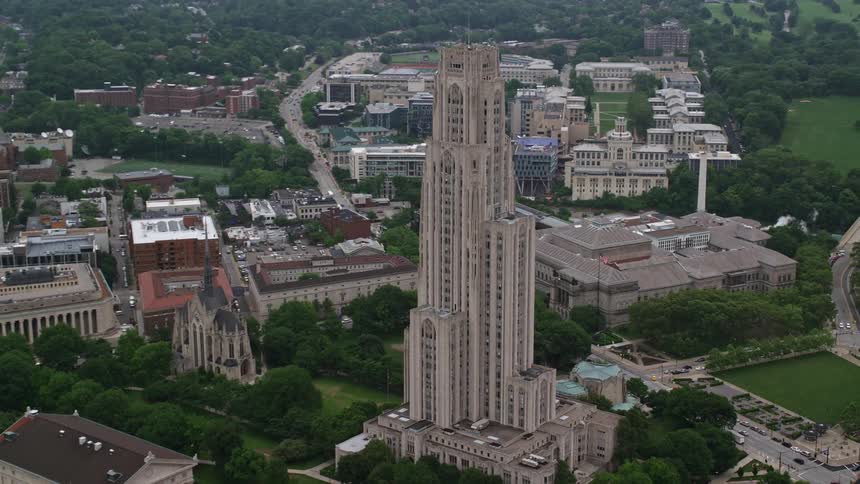 Aerial view of the cathedral of learning at the university of pittsburgh