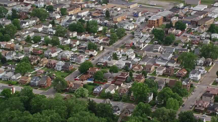 Aerial view of a small rural town near a river