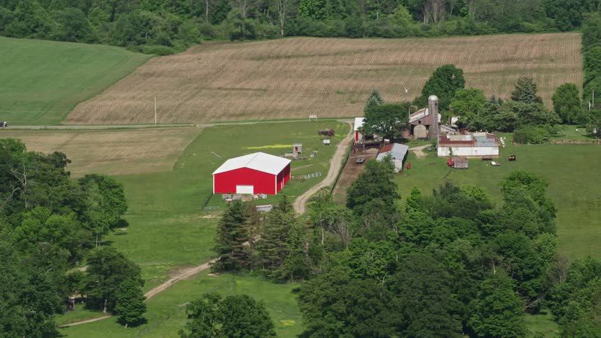 A car drives by a farm surrounded by trees