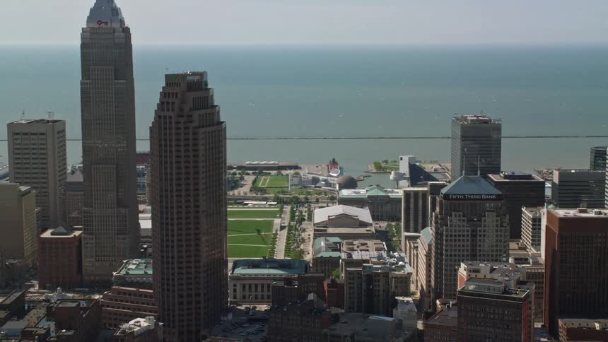 Aerial view of a tower block in a coastal city