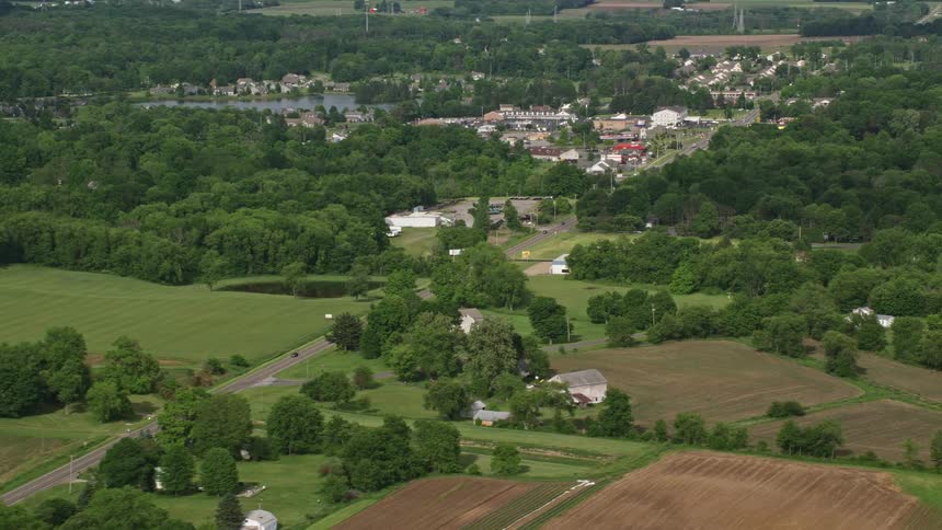 Aerial scene of houses in rural fields and residential areas with vast vegetation