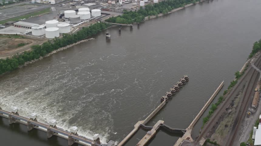 Aerial view of a river with a dam