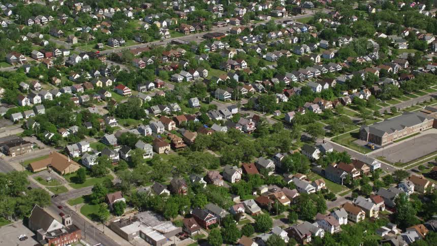 Aerial of a suburban neighborhood in a residential area