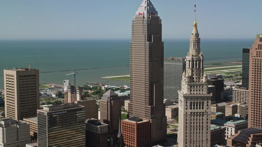 Aerial view of the skyscrapers and buildings in the city of cleveland
