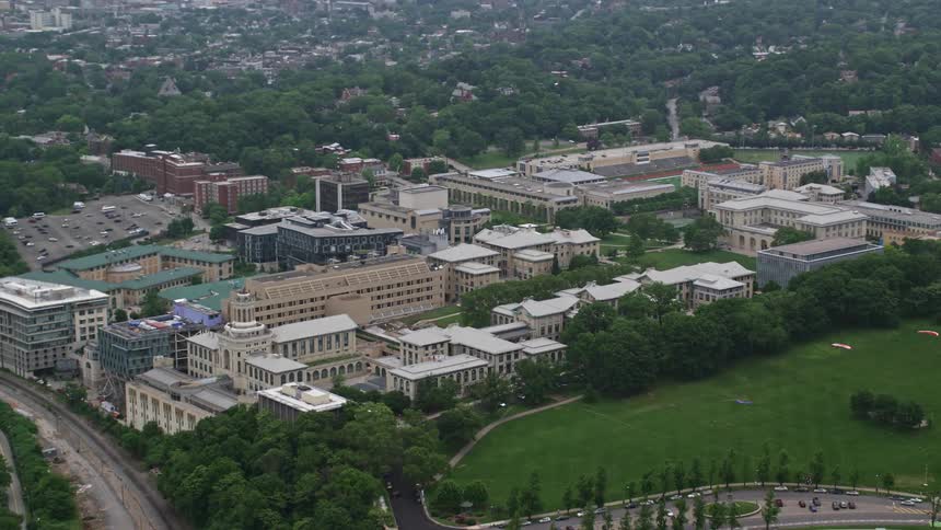 Aerial panorama of arenas commercial buildings in an urban metropolis