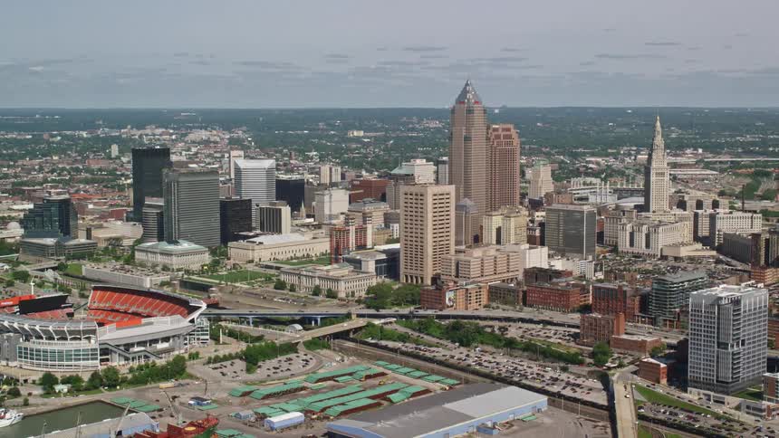Aerial view of the skyscrapers and buildings in the city of cleveland