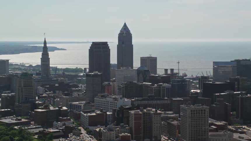 Skyscrapers dominate a city skyline