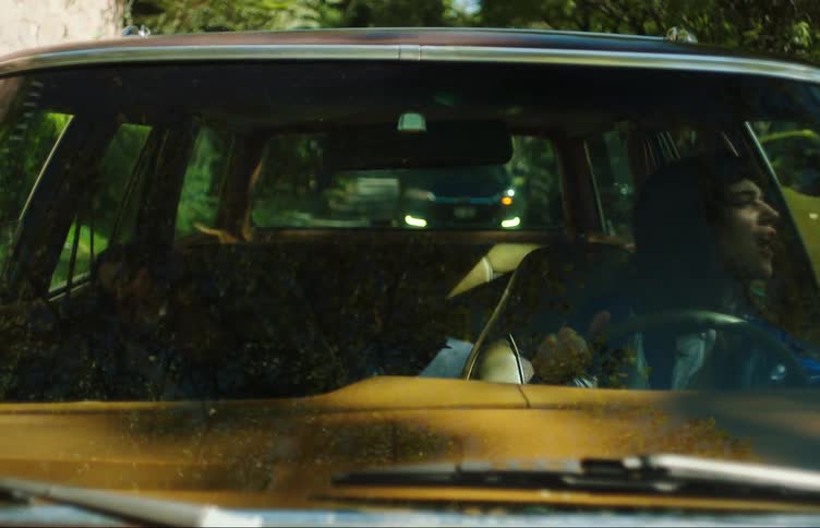 Woman driving along busy road stops and yells out the window after looking at sleeping passenger jarred by the sudden stop
