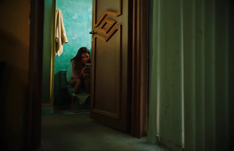 A young woman sits on the toilet using her mobile phone she closes the door