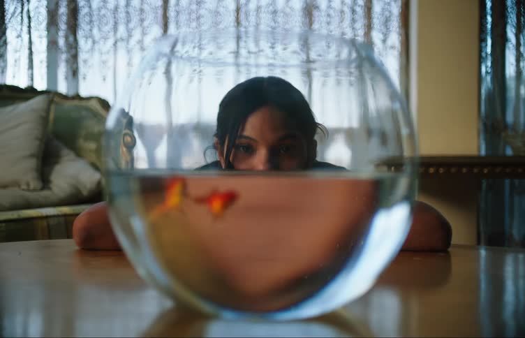A woman watches her pet goldfish in the bowl