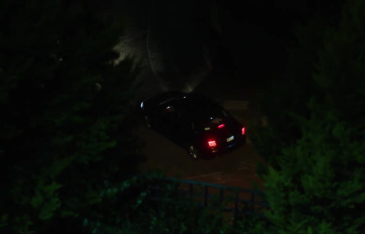 Two people board a car and drive away at night
