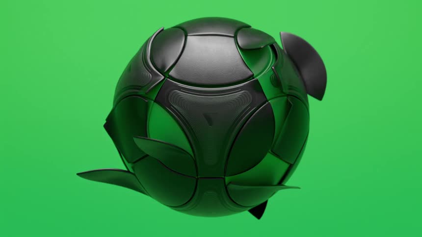 Black pentagons peel from a green soccer ball in the center of a green background