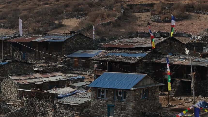 Small village community with stone houses in the middle of the mountains
