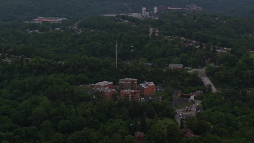 Aerial panorama of residential buildings in the middle of hills with vast vegetation of trees