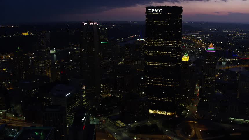 Aerial panorama of a metropolis with large modern commercial and urban buildings and the seafront at night