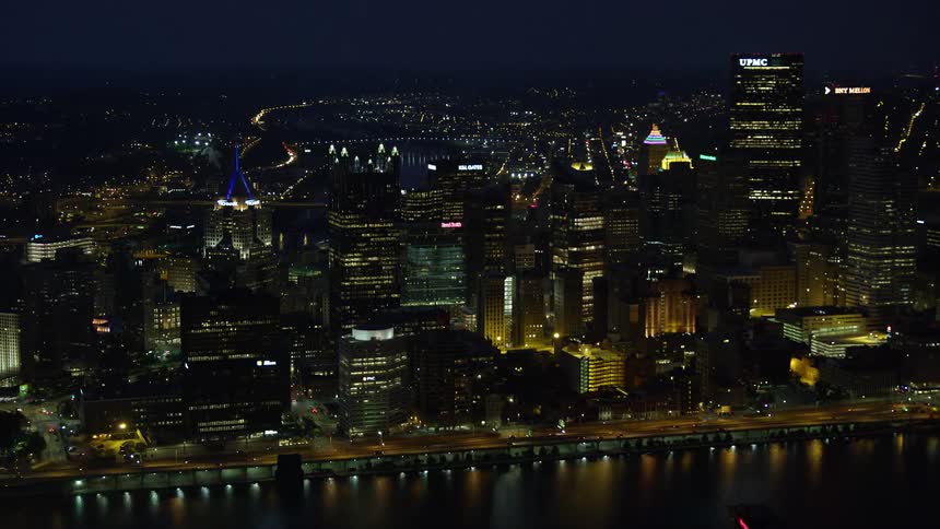 Aerial view of the skyline of new york city at night