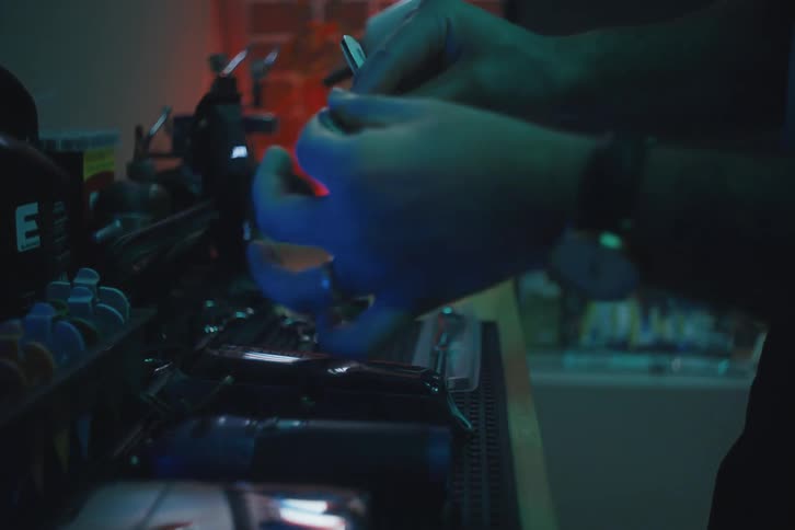 A barber cleaning a razorblade