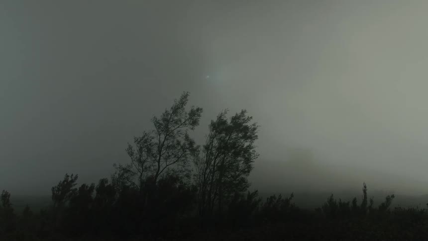 Silhouette of mountains and forests with fog and moon shining in the sky
